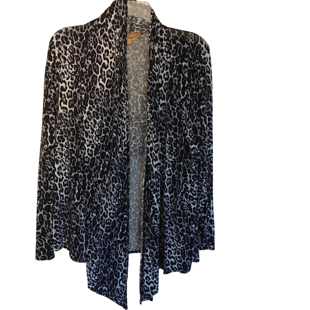 Ellen Tracy Leopard Print Cardigan Womens M/L Open Front Draped   Black Gray EUC